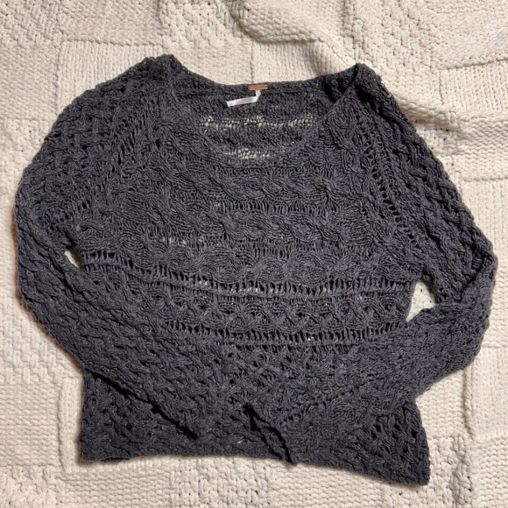 Free People Gray Crochet Pullover Sweater